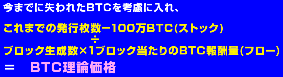 「これまでの発行枚数－100万BTC(ストック)」÷「ブロック生成数×1ブロック当たりのBTC報酬量(フロー)」＝BTC理論価格